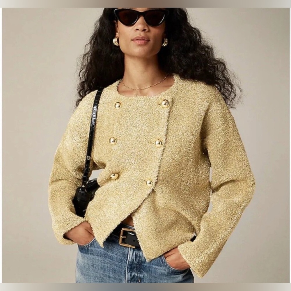 J. Crew Double-Faced Metallic Sweater Lady Jacket in Gold Oversized Sz. Medium